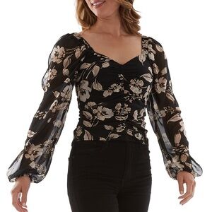 BCX Black Floral Chiffon Ruched Sweetheart Neck Top Blouse M